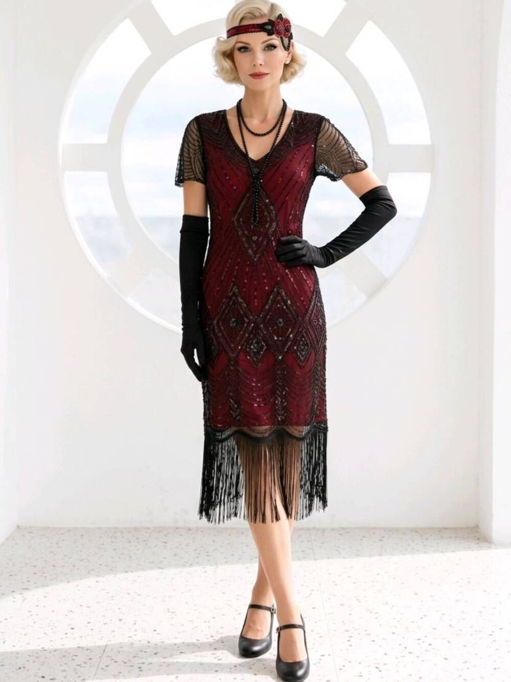 ☔️🩵NWT Red & Black Gatsby Flapper Dress 5-Piece Set Medium